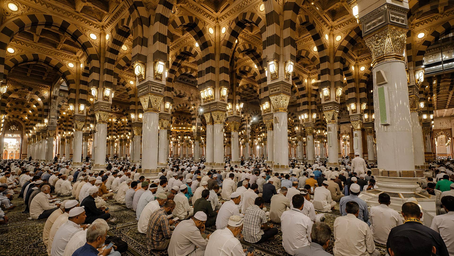 Jamaah duduk di dalam Masjid Nabawi, Madinah, di antara tiang-tiang berlengkung khas Ottoman